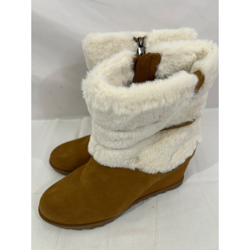 Koolaburra by Ugg Ortholite Tan Wedge Zip Ankle Boot Suede Faux Fur Sz 10M WMN